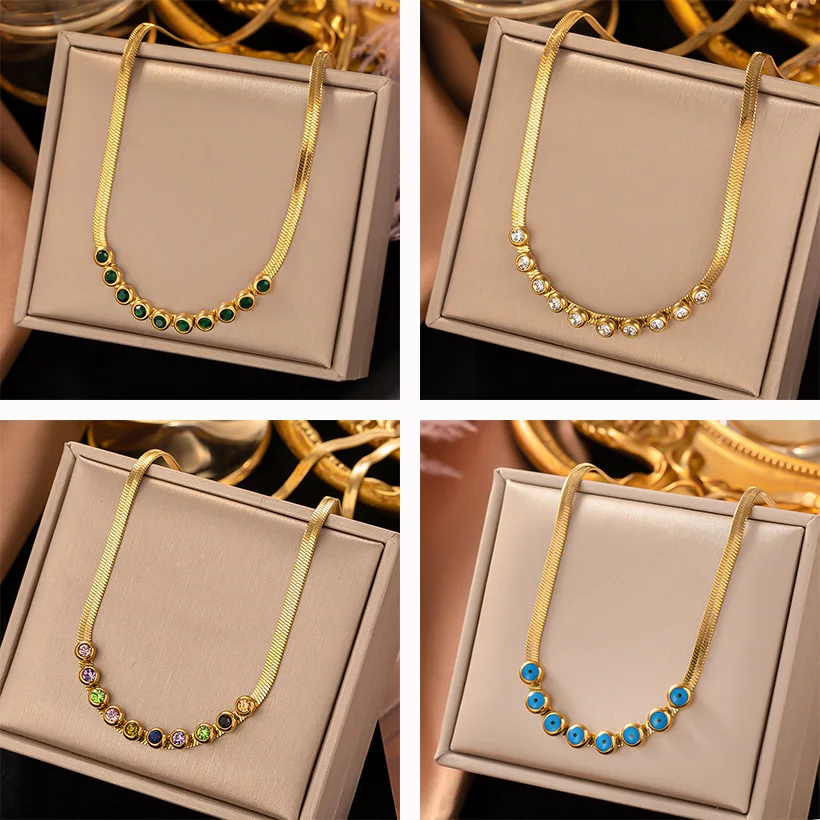 316L Stainless Steel Blue Eye Green White Crystal Zircon Necklace For Women Girl Retro Clavicle Chain Waterproof Jewelry Gift