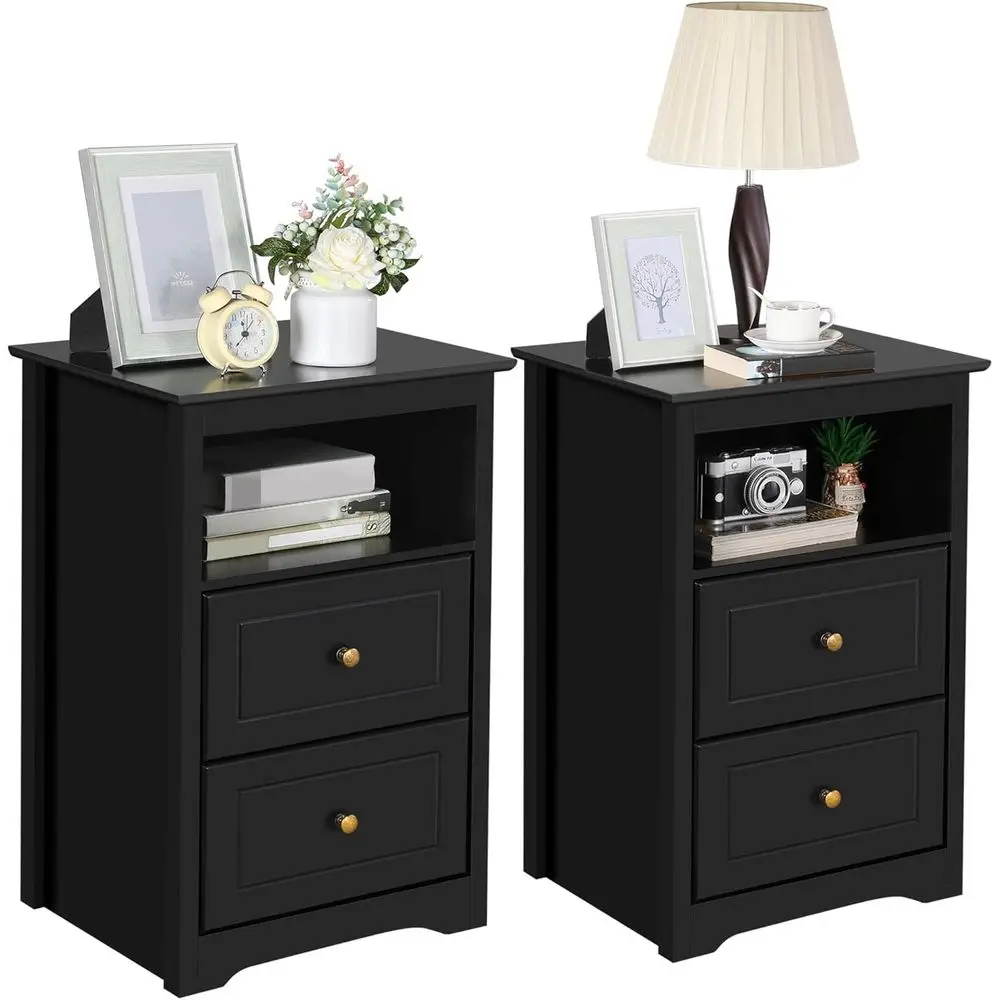 

2-Piece Wooden Nightstand Set with Drawers and Cubby, Tall Bedside Tables for Small Spaces, 19L × 16W × 29H, Black