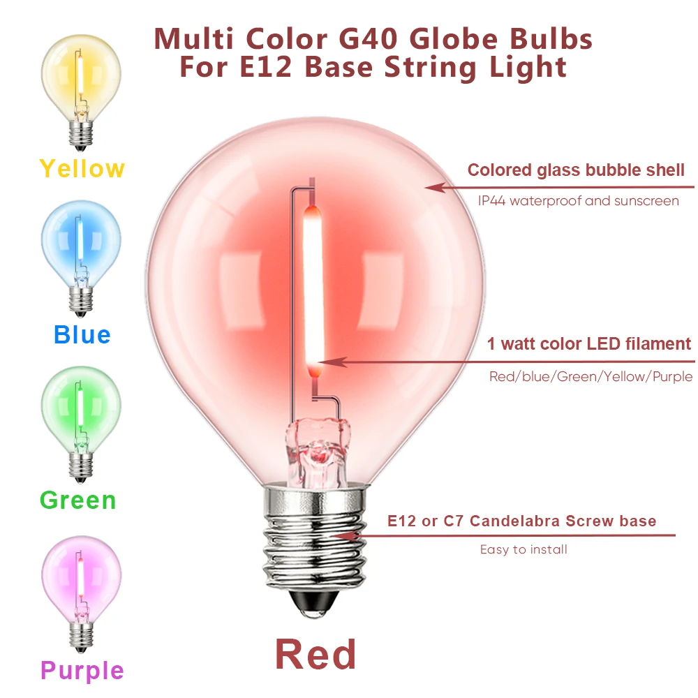 Lâmpadas LED G40 coloridas, lâmpada de substituição globo para luz de corda, substituível, multicolor, decoração de Natal, E12, 110V, 220V, 1 W