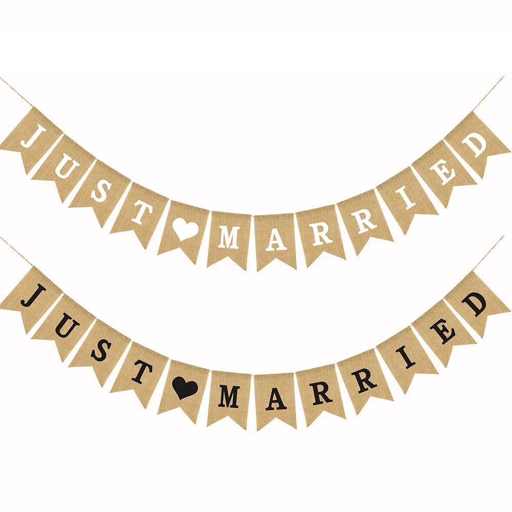 

Just Married Banner Jute Burlap Rustic Wedding Bunting Garland Photo Props Candy Event Party Flags Home Bar Decoration Supplies