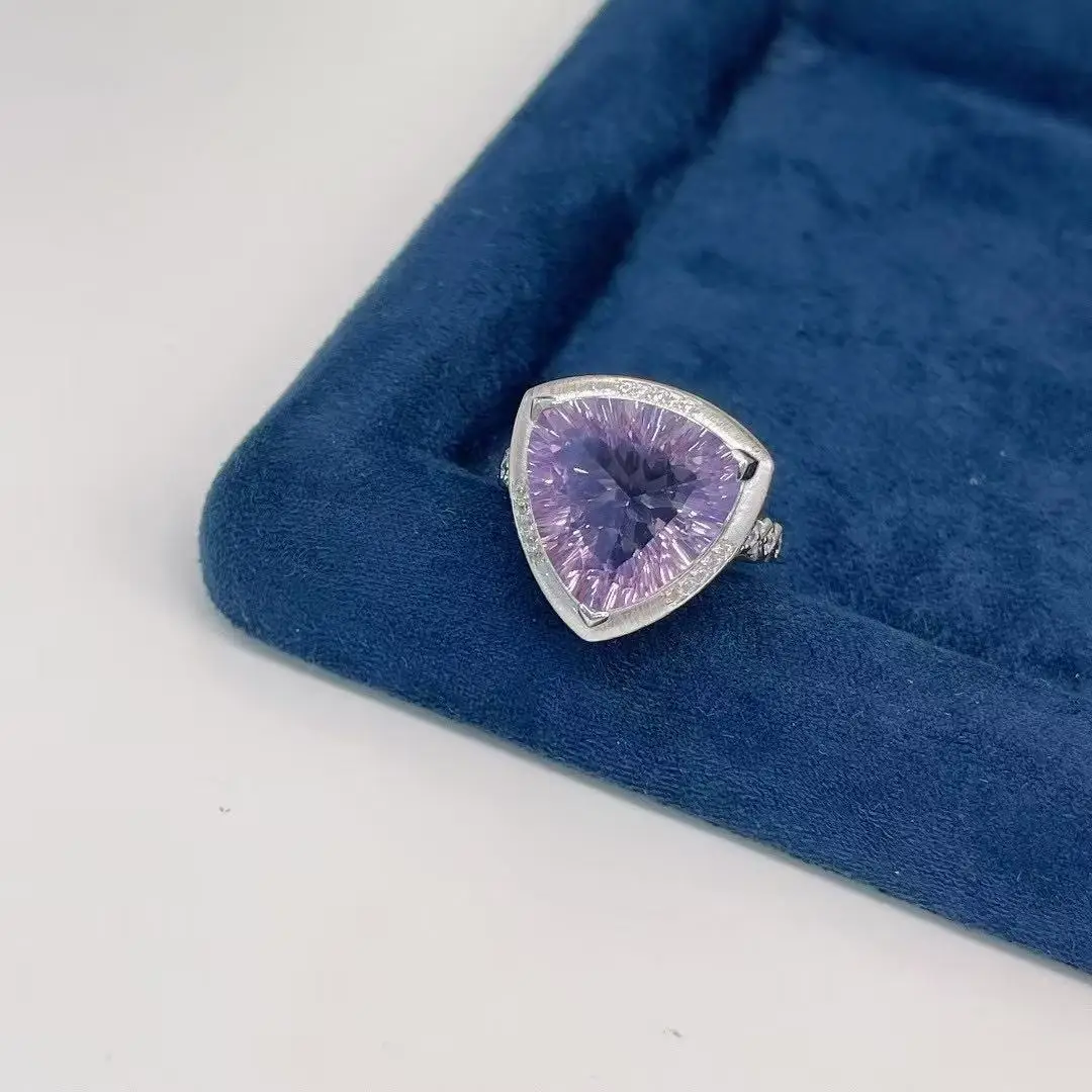 S925 Silver Platinum‑Plated Natural Lavender Amethyst Ring,16mm Triangle Gemstone Statement Ring Fine Jewelry Gift for Women