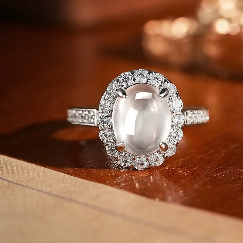 Natural water-foam jade, translucent gray agate, white chalcedony, vintage style open , oval cabochon ring