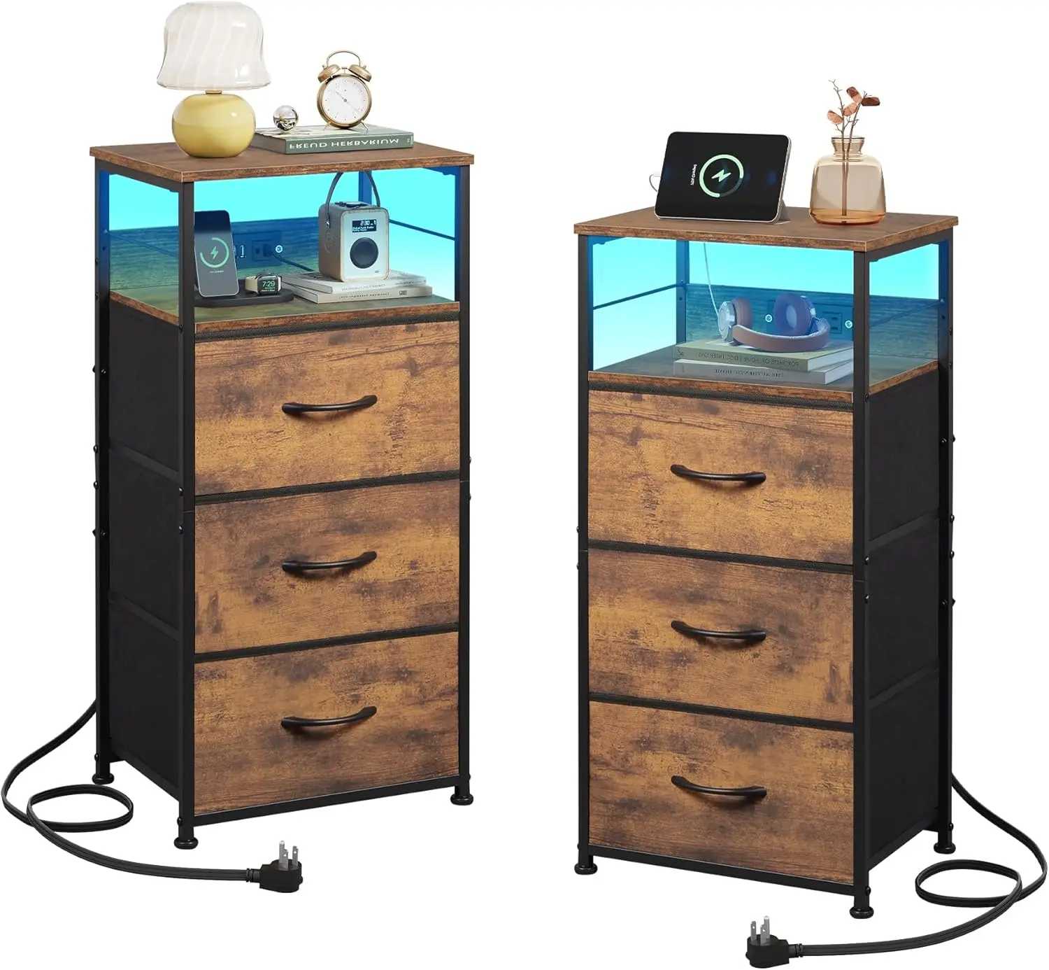 

Nightstand Set of 2 with Charging Station, LED Night Stand Sets with 3 Fabric Drawers and Storage Shelf, 31.93" H Bedside Table