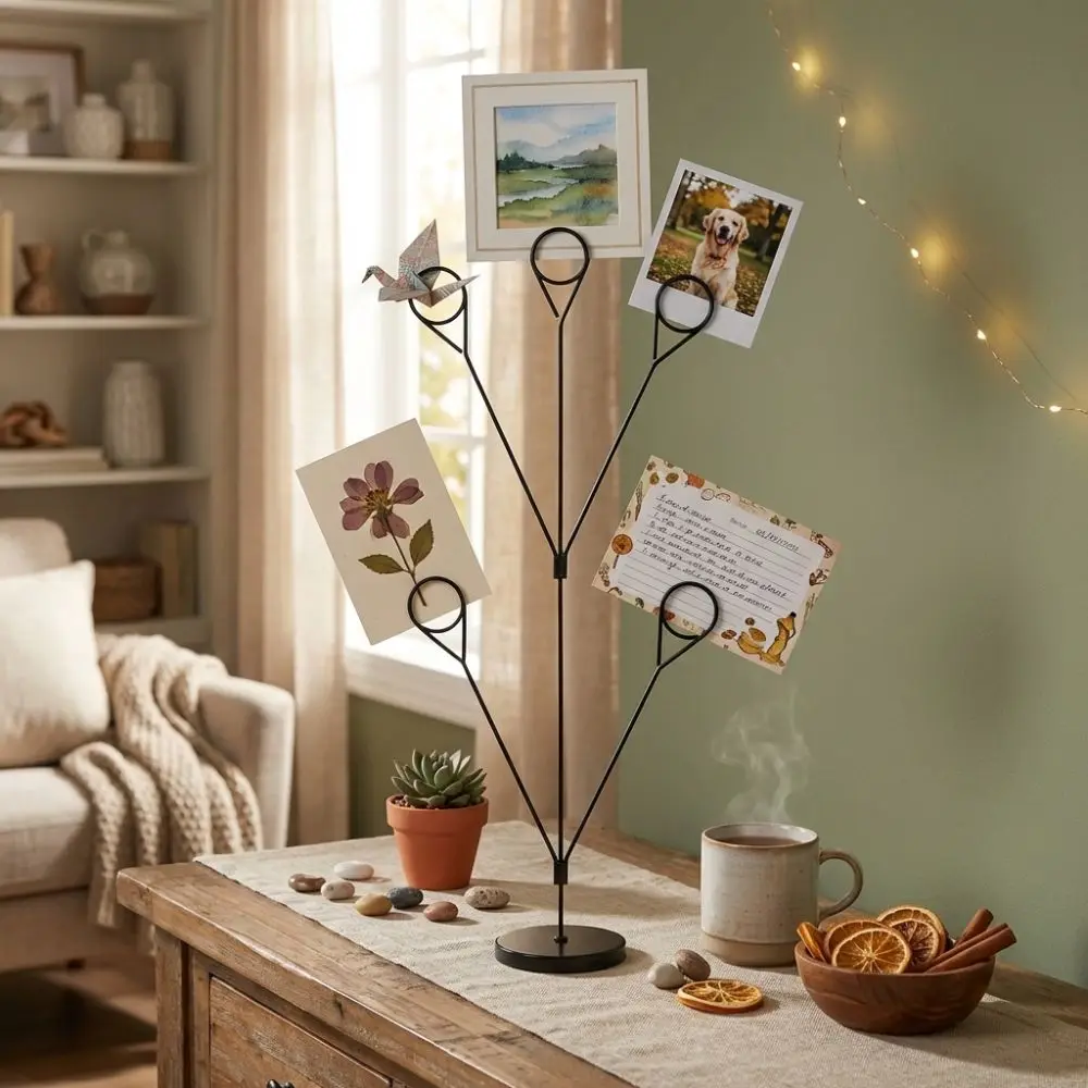 Stylish 5-Branch Photo Holder Round Base Picture Holder Memo Clip Stand Romantic Vertical Display Stand Wedding Table