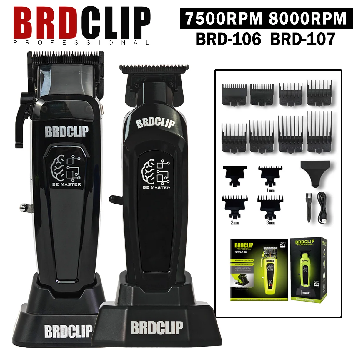 

BRDCLIP Профессиональная машинка для стрижки волос 106 7500 об/мин Электрический беспроводной триммер 107 8000 об/мин Лезвие DLC с зарядной базой Мужская парикмахерская