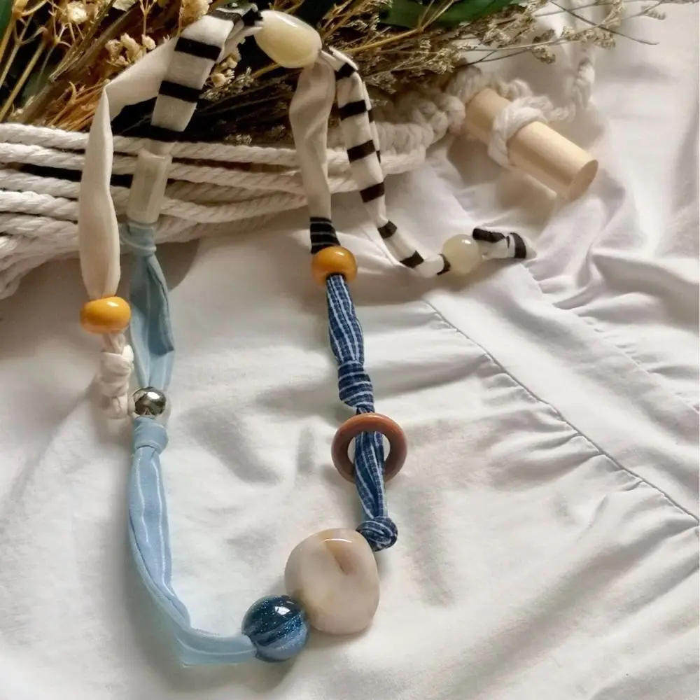 

Strip Patchwork Cloth Chain Necklace Clavicle Chain Ethnic Style Wood Bead Necklace Multicolor Jewelry Accessories