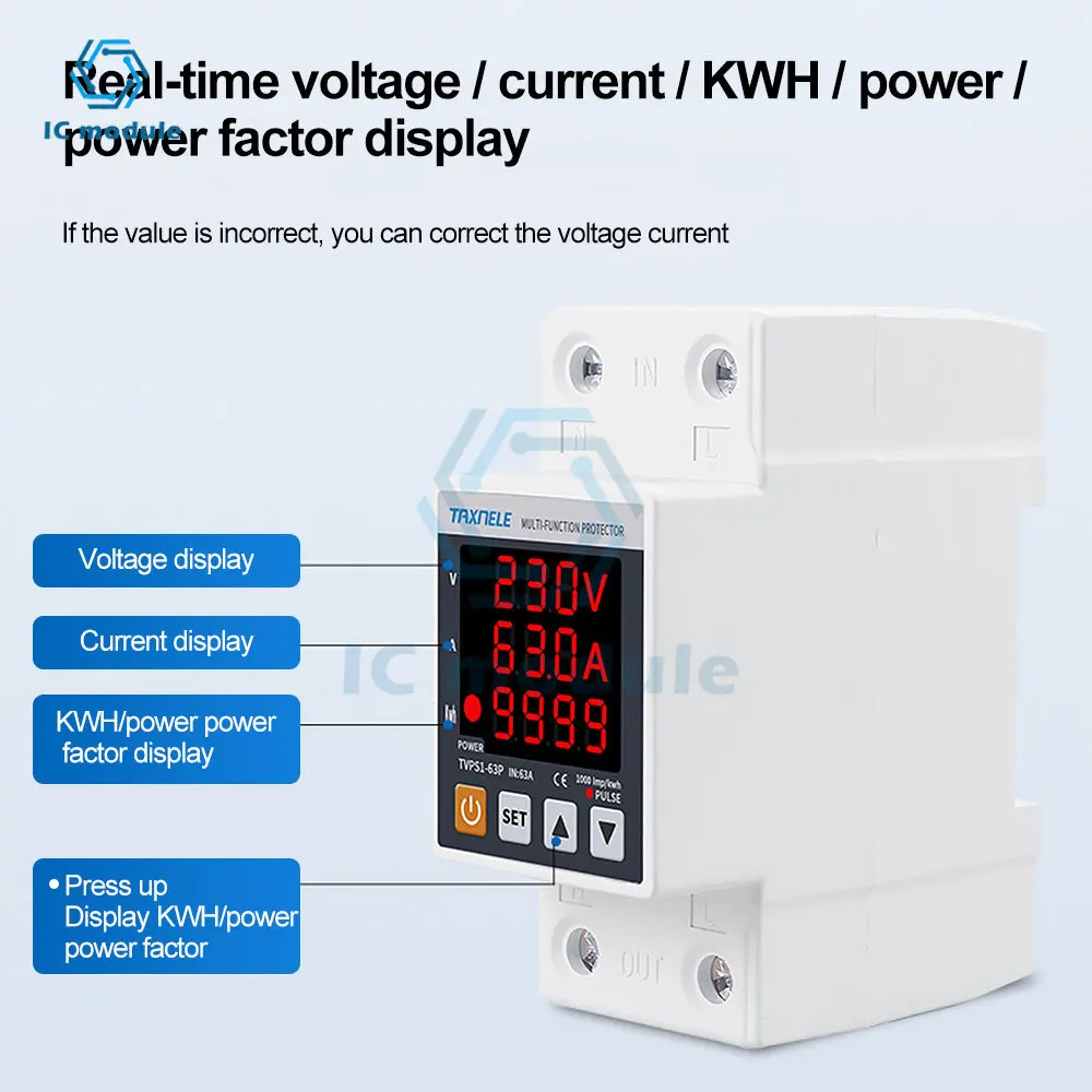 63A 230V 3IN1 Display Din rail adjustable over under voltage surge protector relay  over current protect   Kwh Power watt Meter