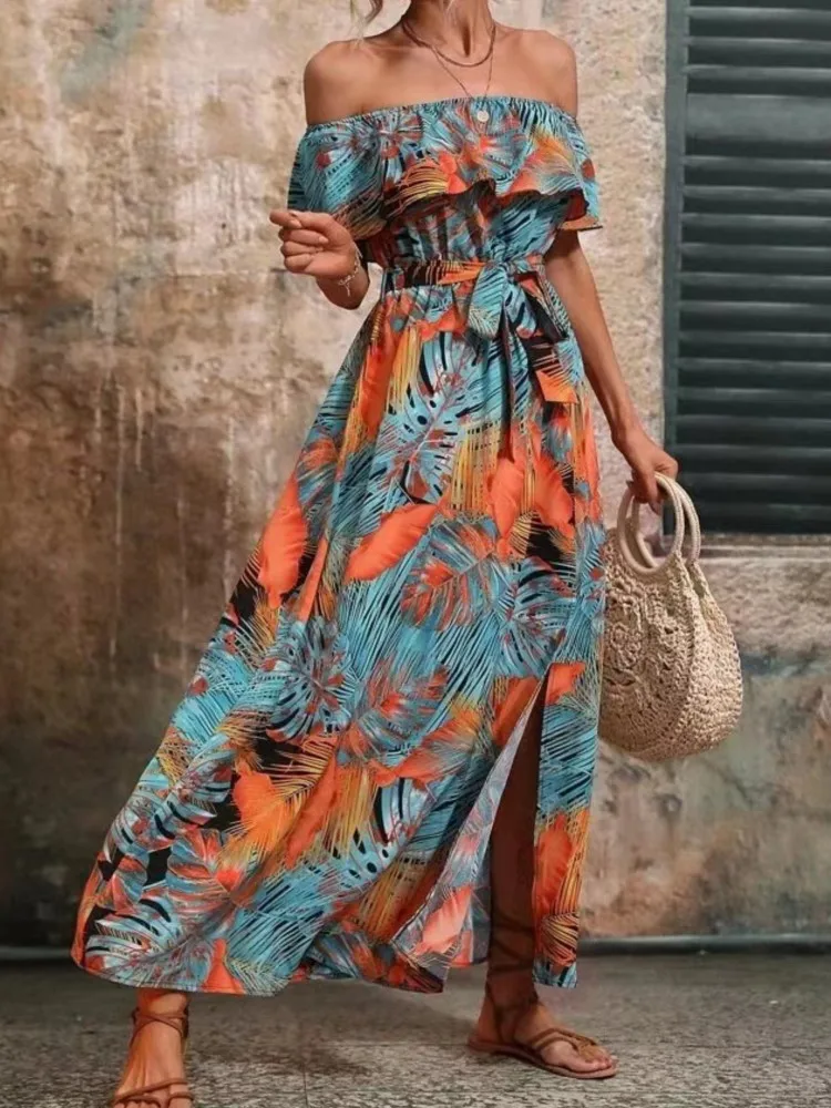 Abito estivo con stampa floreale alla moda Lady Casual Slash Neck Vita alta Abiti larghi con lacci per le donne Boho Beach Holiday Gonna Nuovo