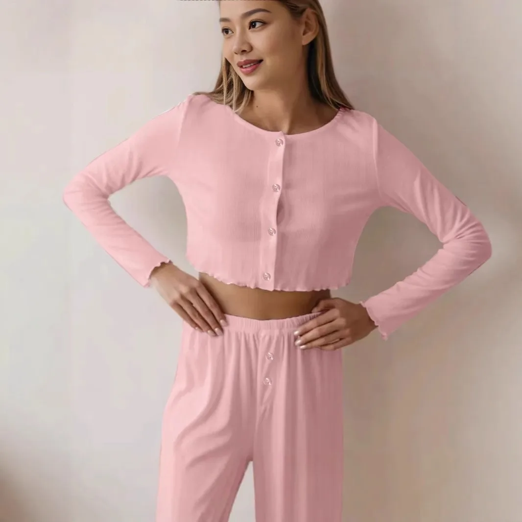 2025 Cotton material Spring Summer Women's Sexy Pajamas Homewear Set Knitted Design Long Sleeve Long Pants Pajamas Homewear Set