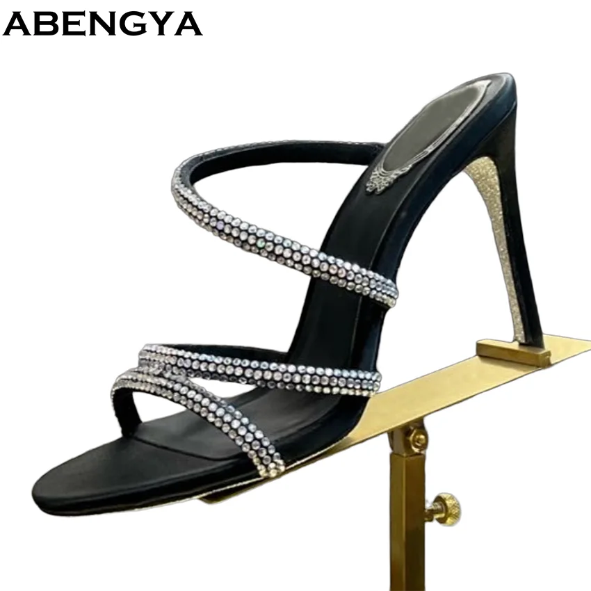 

Gliter Crystal High Heel Slippers Woman Shoes Summer Open Toe Slides Suede Leather Modern Slippers Luxury Slippers Women