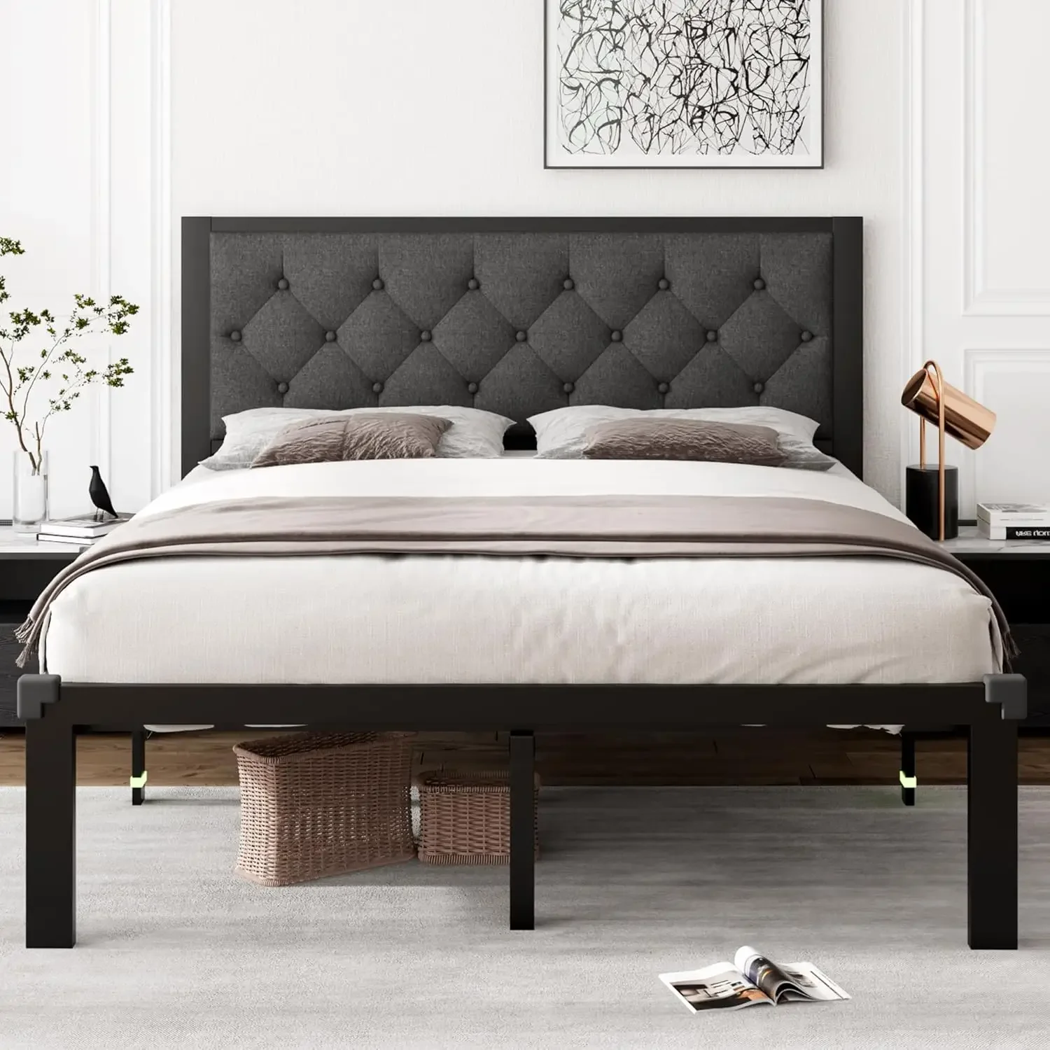 Queen Metal Bed Frame, Linen Platform Bed Frame with Button Tufted Headboard, 12