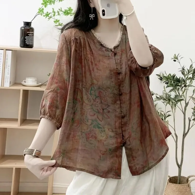 

2024 New Retro Summer Women's Elegant Casual Printed Half Sleeved Top Fashion Commuter Loose Button Round Neck Thin Shirt Tops