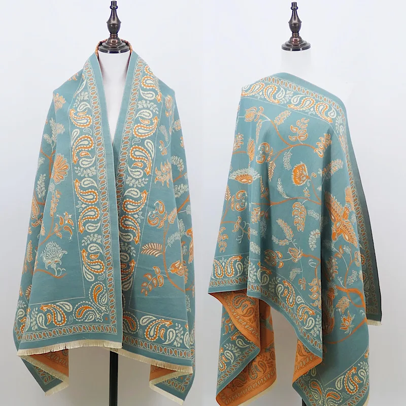 

Poncho Cloak Jacquard Weave Scarf Imitation Cashmere Women Shawl Ethnic Style Tourism Cloak Warm Girl Coat Lady Capes Blue