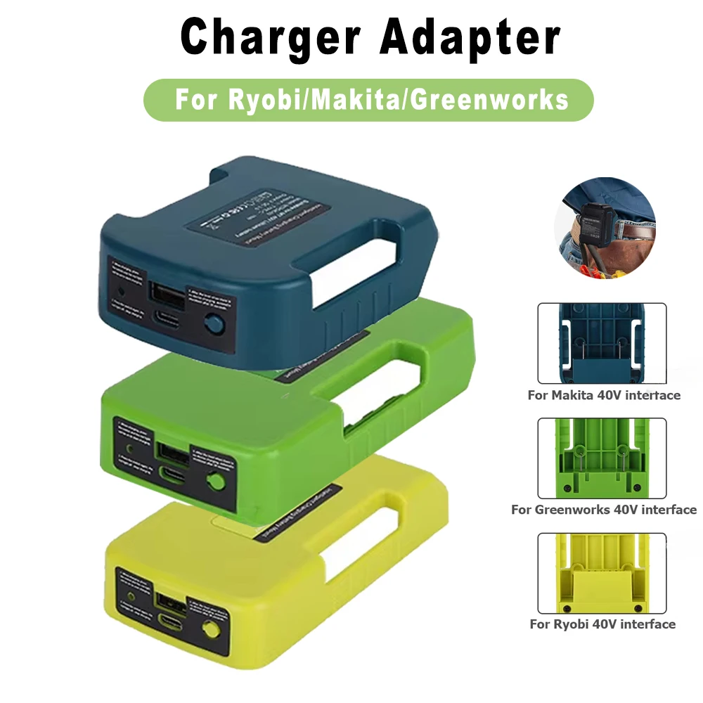 

Battery Belt Buckle Fast Charging Adapter For Makita/Ryobi/Greenworks 40V Li-ion Battery With Type-C and USB 3.0A Ports