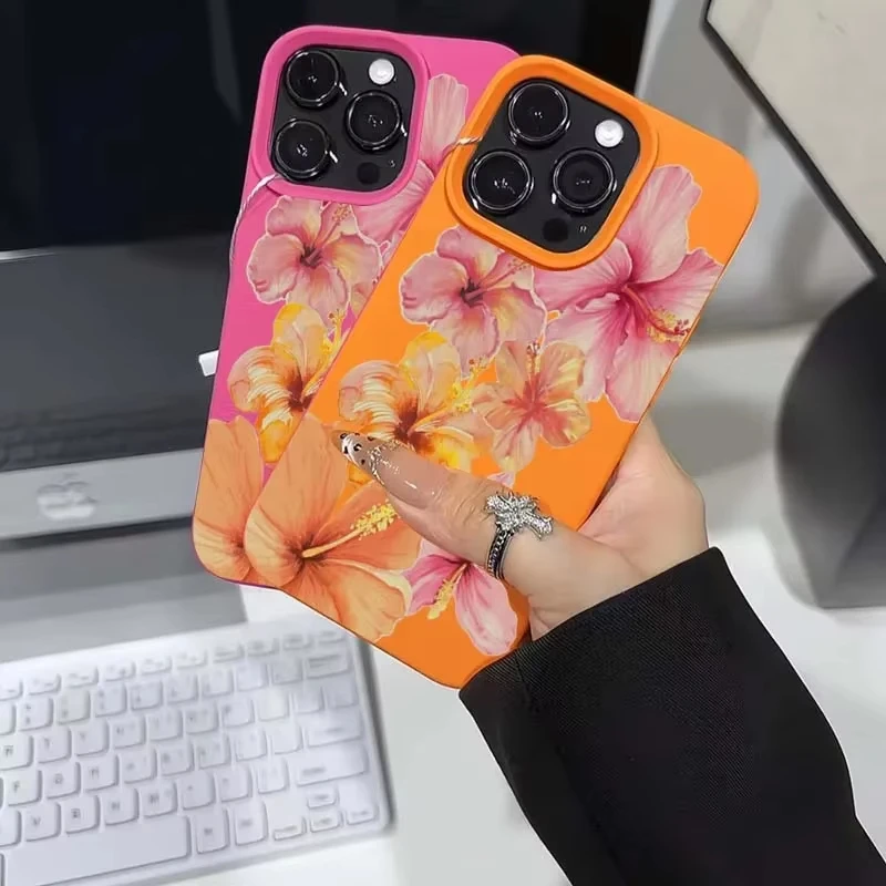 Для iPhone 16, 15, 14, 13, 12, 11 Pro Max Plus XS Max X XR акварельный чехол с цветком гибискуса и личи, конфетный силиконовый чехол для телефона