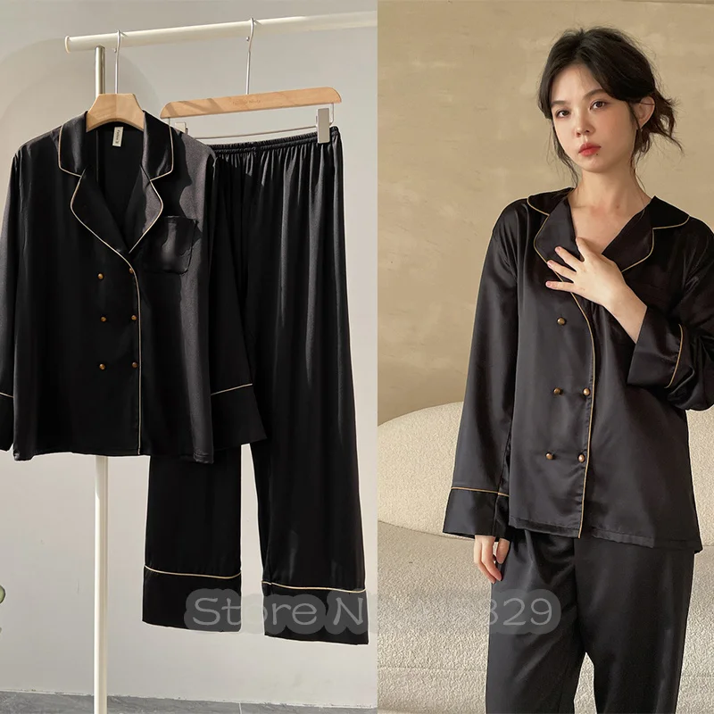 Female Home Clothes Faux Silk Pajamas Set Long Shirt&pants Women Sleepwear Causal Trousers Satin Suit Spring New  Loungewear