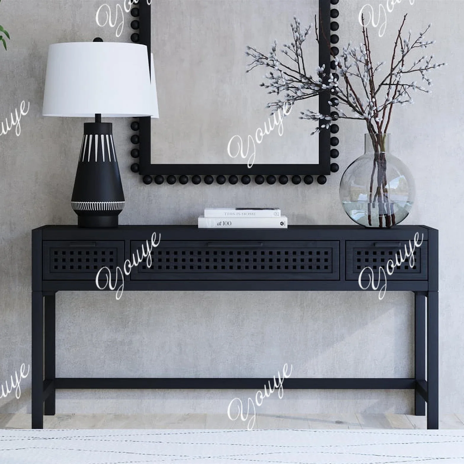 

J American Vintage Solid Wood Console Table, French Storage Cabinet, Entrance Hall, Living Room, Black Decorative Cabinet, Table