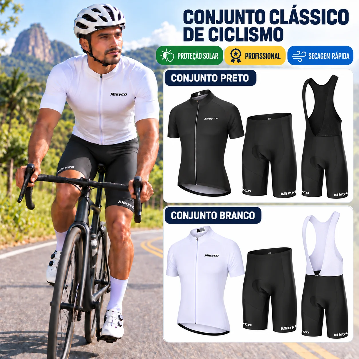 Brazilian Style Men’s Profession Cycling Set, Classic Black/White Jersey with Padded Bib Shorts,for MTB Mountain Road Cycling