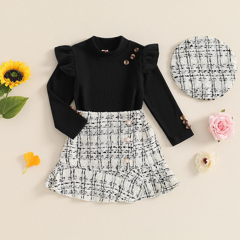 Toddler Kids Baby Girls Outfit Long Sleeve Knit Ruffle High Neck Sweater T-shirt Plaid Skirt Suit with Hat 3Pcs Clothes Sets