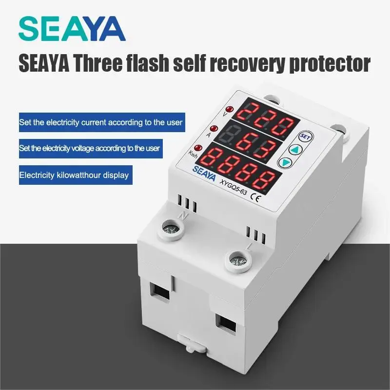 

SEAYA 220v Voltage Regulator Din Rail Single Phase Voltage Protector Relay XYGQ5-63 Display Limit Over Current Protection