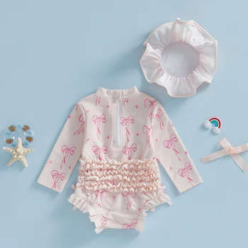 Toddler Girls' Rash Guard Swimsuit Set with Hat 2 Toddler Baby Girl Rash Guard Swimsuit Bow Print Ruffled Long Sleeve Round Neck Beachwear Jumpsuit and Hat Swimwear 2Pcs Set 2