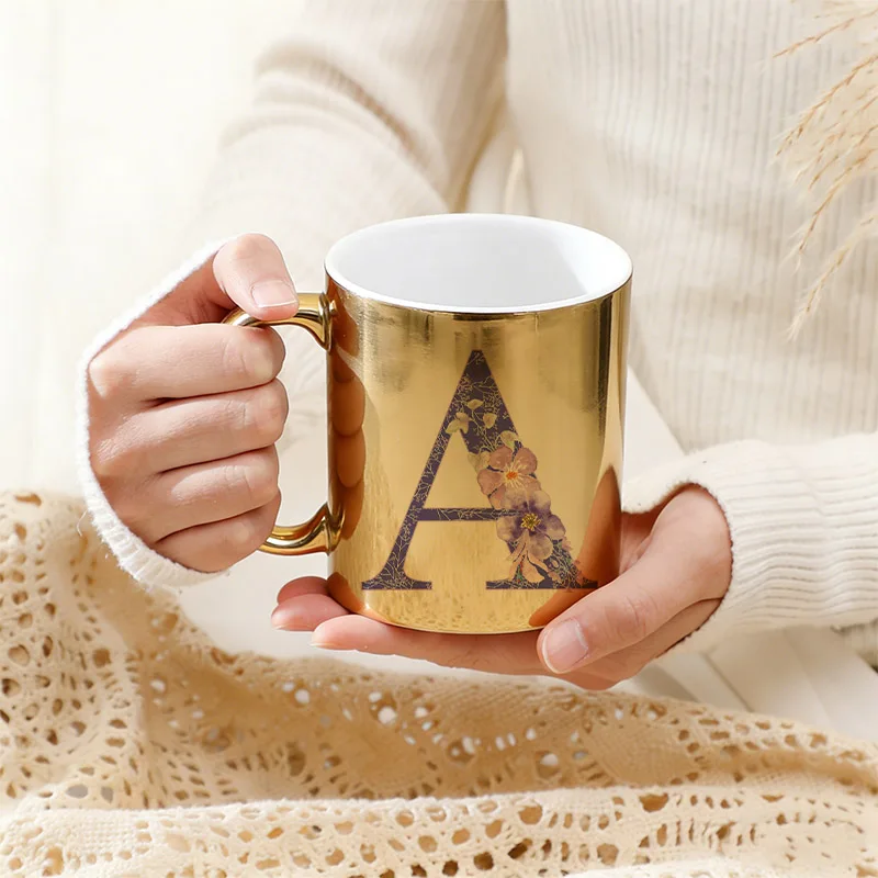 Tasses à café, thé et lait tendance, mugs dorés imprimés de fleurs et lettres violettes, nouveau style 2026, cadeaux de fête pour petite amie