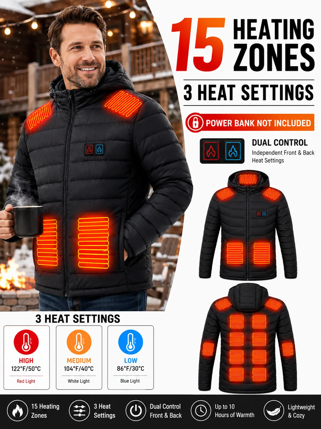 Men'S Heated Jacket with 3 Heat Settings, 15 Heating Zones, Hooded Winter Coat for Casual Outdoor Wear - Black, Polyester, Long Sleeve, Zip-Up, Four Control Buttons, Warmth for Autumn and Winter, Heated Jacket view 2