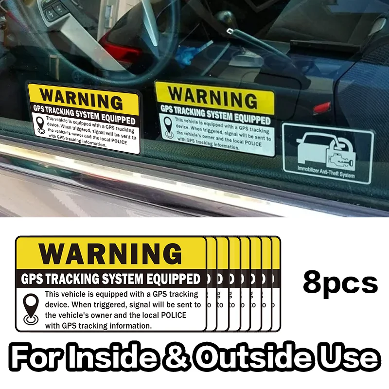 8PCS Car Warning Signs Self-adhesive Logo GPS Tracking Sticker Anti-theft Glass Sticker Bumper Decal Decoration