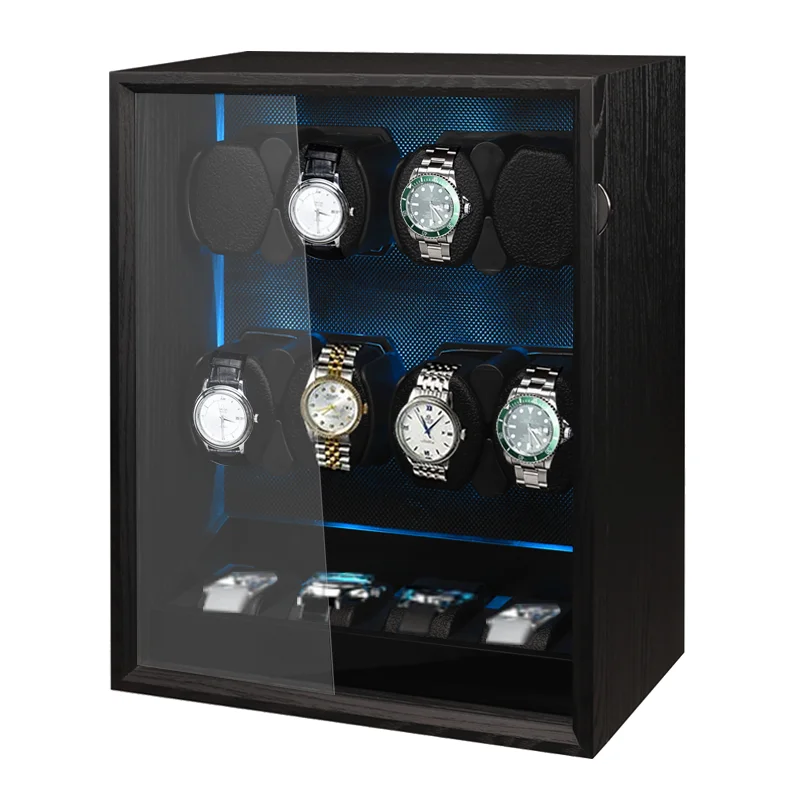 Embers Watch Winder 2 4 8 Watches Storage box Black Wood Grain Silent motor With backlight