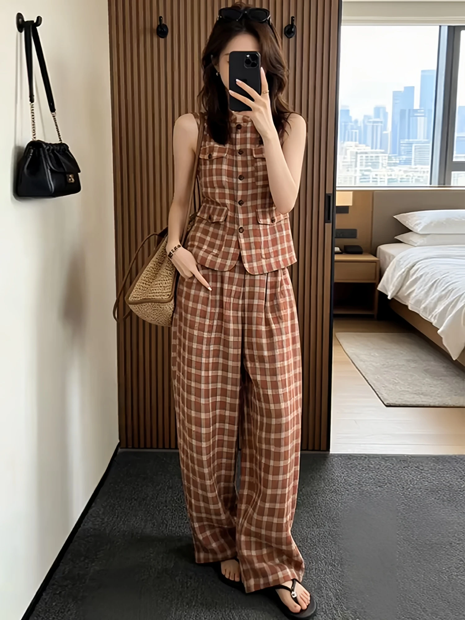 Fashionable Plaid Two-Piece Set Women's Summer 2026 Sleeveless Vest And Wide Leg Pants Drapey Style Casual Wear Breathable