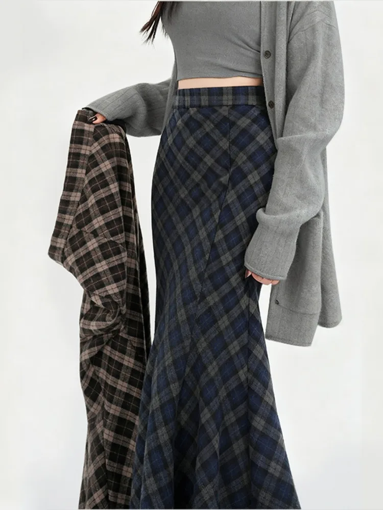 الخريف الشتاء Thiened حك الأزرق ey منقوشة العائمة ألف خط فاي الذيل تنورة المرأة الجديدة Sle ضئيلة الصوفية f طول تنورة