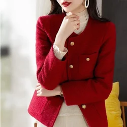 Women Red Tweed Blazers New Autumn Winter O-Neck Single-Breasted Suit Small Fragrance Jacket Female Korean Elegant Lady Coats