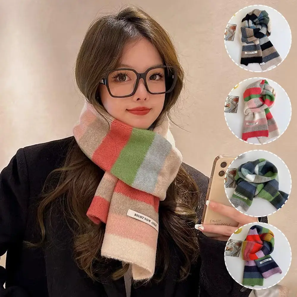 Y2K Rainbow Striped Knitted Scarf Short Scarves Harajuku  Wool Knit Neck Scarf Winter Thick Scarves For Women Girls Neckerchief