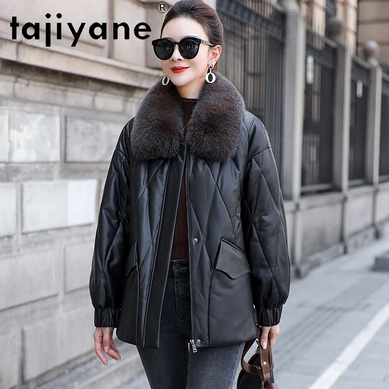 TAJIYANE 100% جلد الغنم أوزة أسفل معطف فضفاض قصير الجلد الحقيقي سترة منفوخة النساء مع الثعلب طوق الشتاء ملابس امرأة 2025