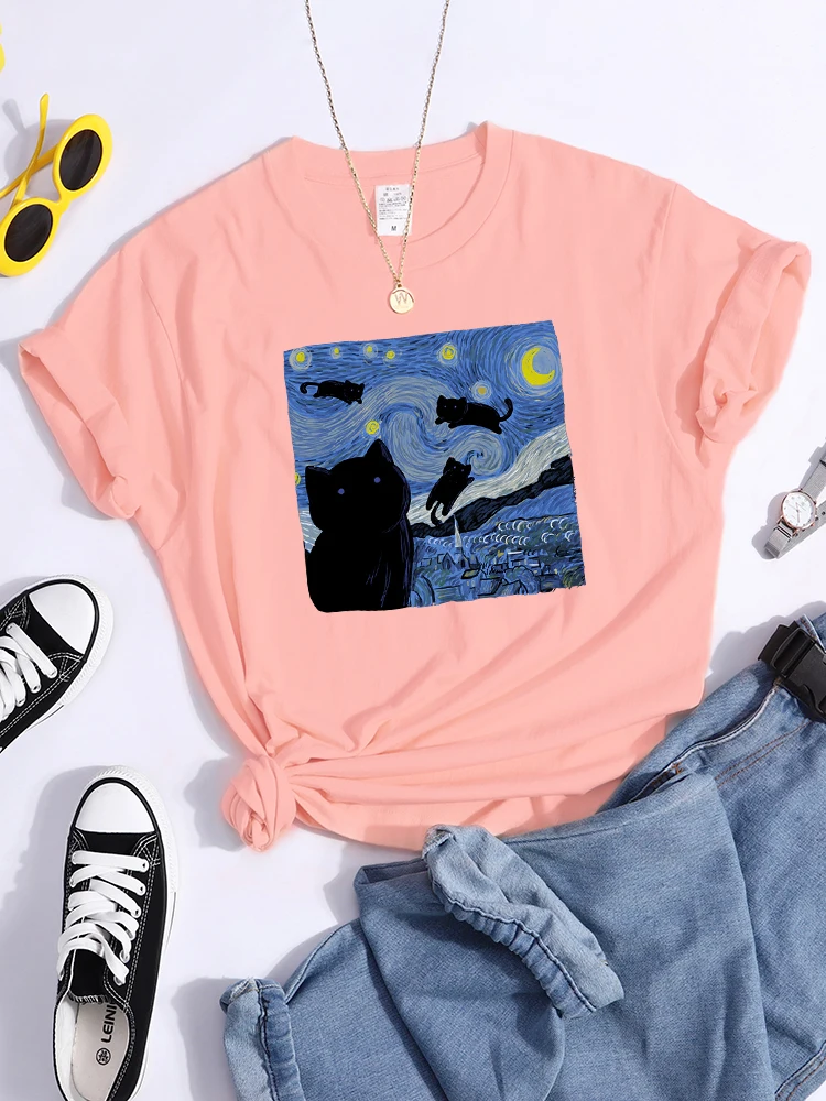 Vincent Van Gogh Starry Night Cute Cat In Painting Print Women's t-Shirt Hip Hop Soft Tops Loose Tshirt Summer Women's Tshirts