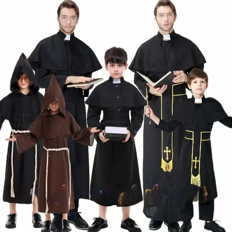 

Bla Robe Long Dr loween Couples Costume Men Women Witch Father Son Priest Clothing Children Nun Outfits Stage Wear