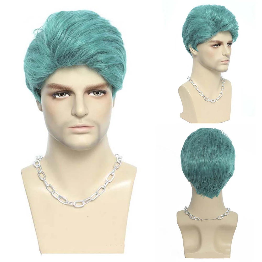 

Men's Blue-green Straight Wig Short Synthetic for Men Boy Cosplay Party Heat Resistant Breathable Fake Hair