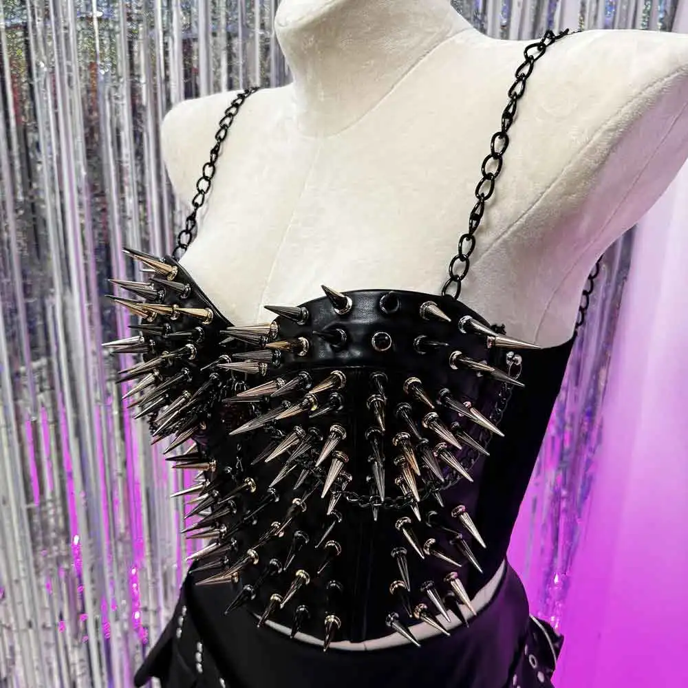 

PU Leather Chian Grunge Vintage DIY Y2K Halter Camisole TOPS Emo Gothic Goth E-Girls Spike Studded Rivet Punk Rock Harajuku