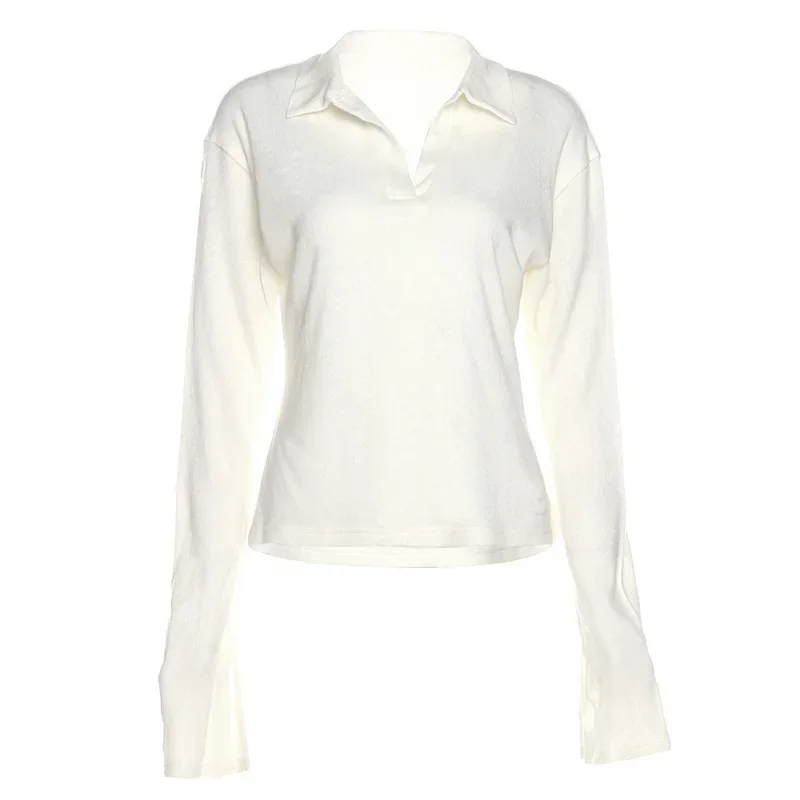  Europe and The United States Autumn Fashion Trend Women's New Long-sleeved Lapel Loose and Thin Simple Casual T-shirt Top