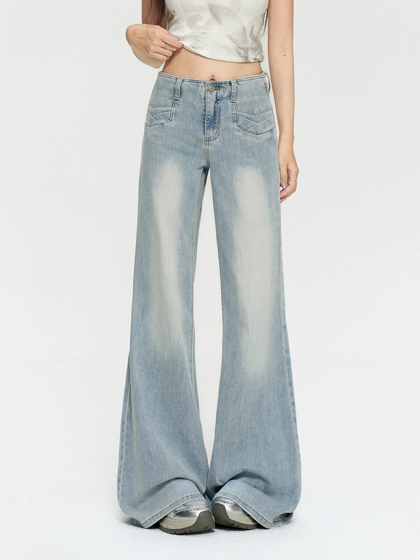 High Waist Bell Bottom Loose Fit Denim Jeans Deep Blue American Style Women's Fashionable Wide Leg Pants Casual Trousers