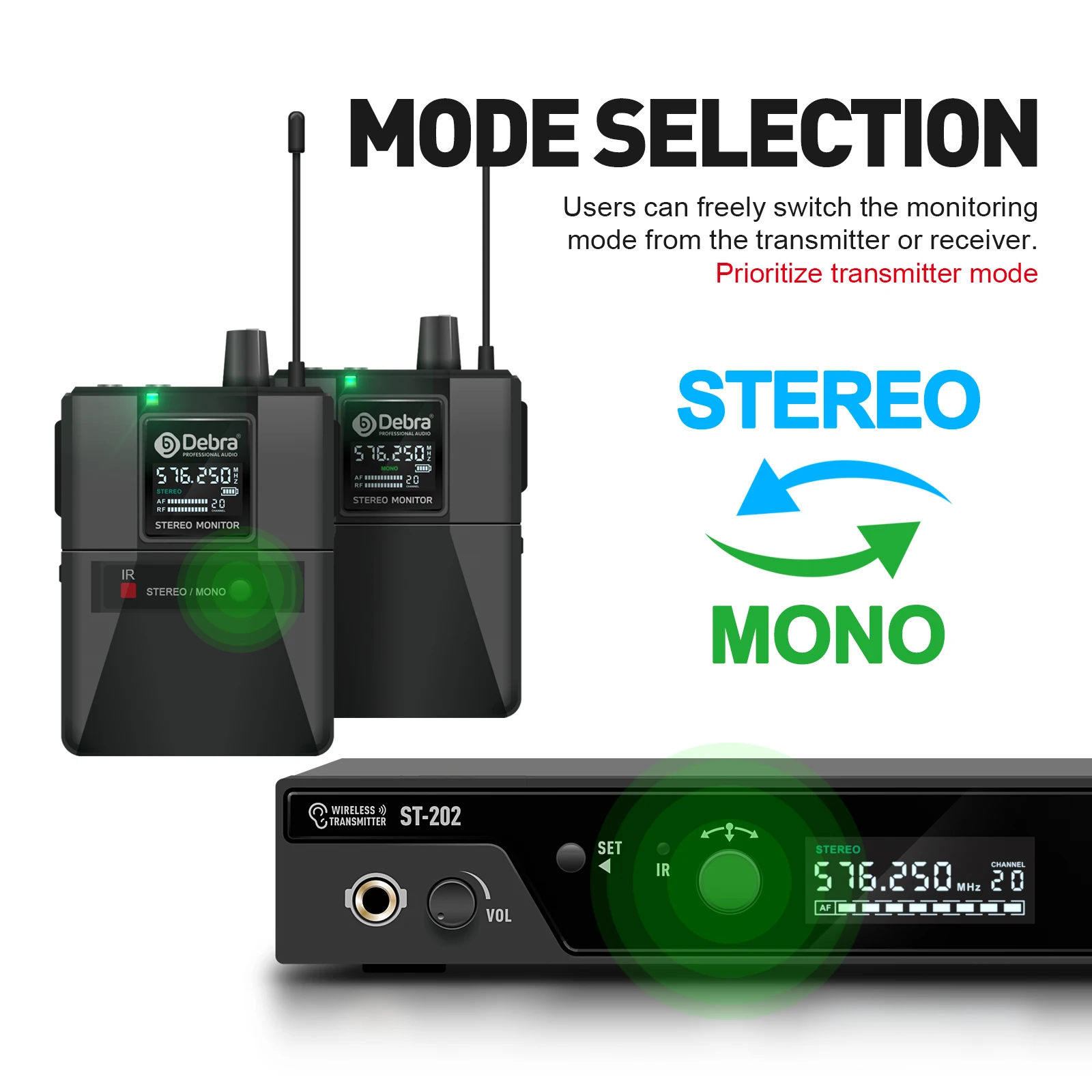 ST-102&ST-202 professional wireless in-ear monitoring system, UHF stereo, distance range 80-150m, suitable for stage, theatre