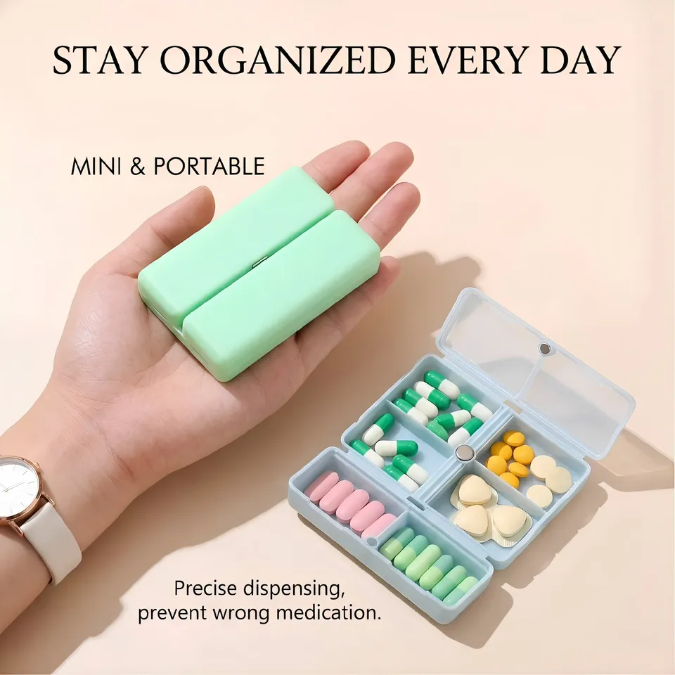  Portable Magnetic Pill Organizer, 7 Compartments Mini Pill Box, Moisture-Proof BPA Free Pill Case for Travel Daily Use, 4 Colors 