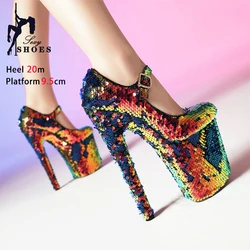 Autumn Women High Heels 2024 New Buckle Strap Mary Janes Shoes 20CM/8Inch Nightclub Club Sequin Pumps Pole Dance Stripper Shoes