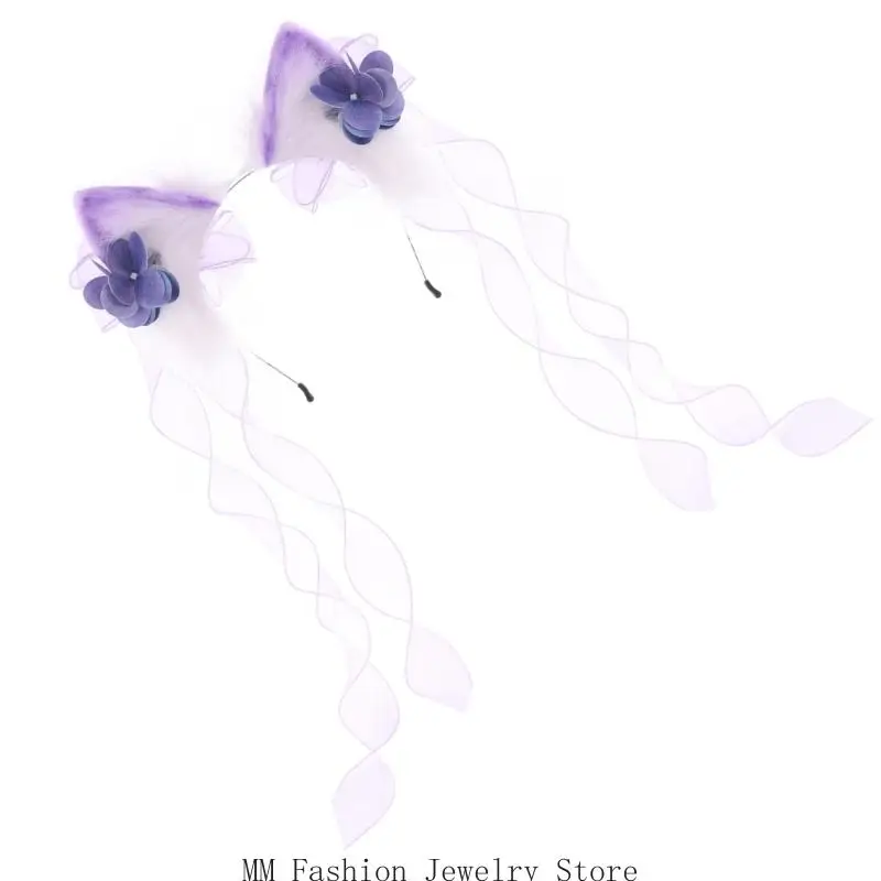 

Lovely Furry Plush Animal Ear Hairband Bowknot Flower Hairhoop for Women Teens D0UB