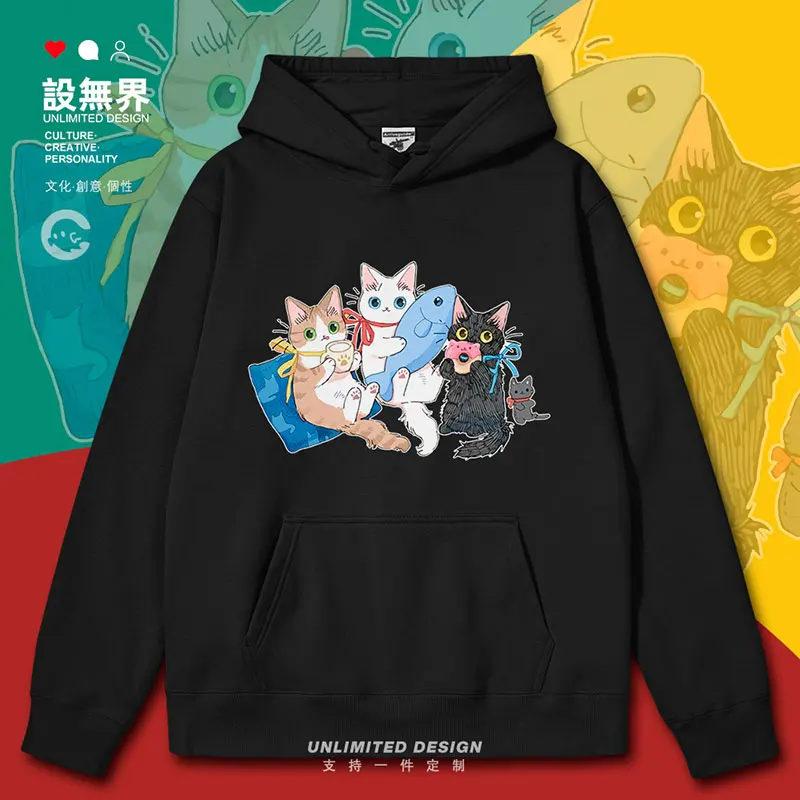 Three Japanese cats have fun drinking afternoon tea mens hoodies clothing new pullovers hoodie Coat men autumn winter clothes