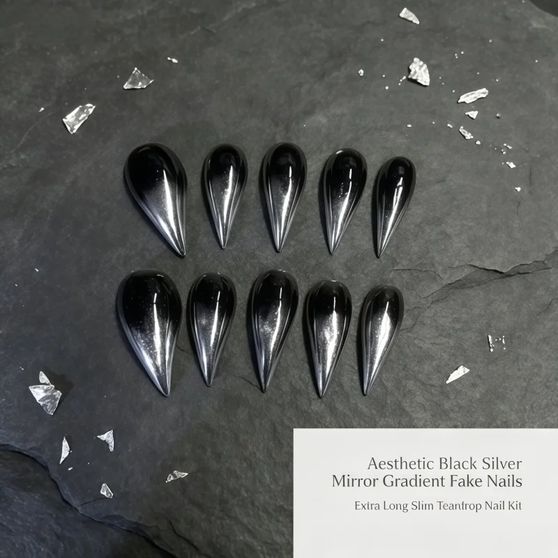 2026New 10Pcs Long Sharp Stiletto Press On Nails Glossy Black Silver Gradient Glitter False Nails Gothic Punk Dark Style