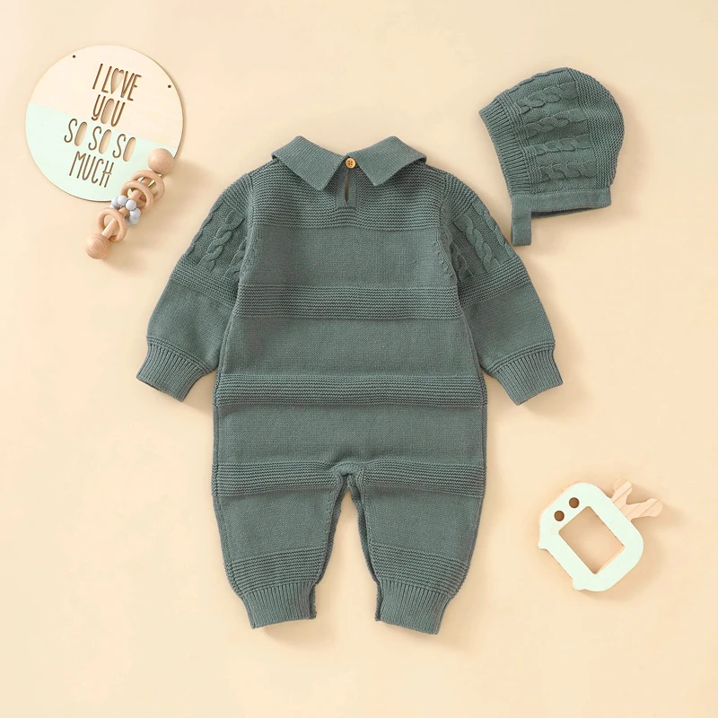 Cotton Baby Romper Knit Newborn Girl Boy Solid Jumpsuit Outfit Fashion Turndown Collar Infant Clothes Hat Long Sleeve Autumn 2PC