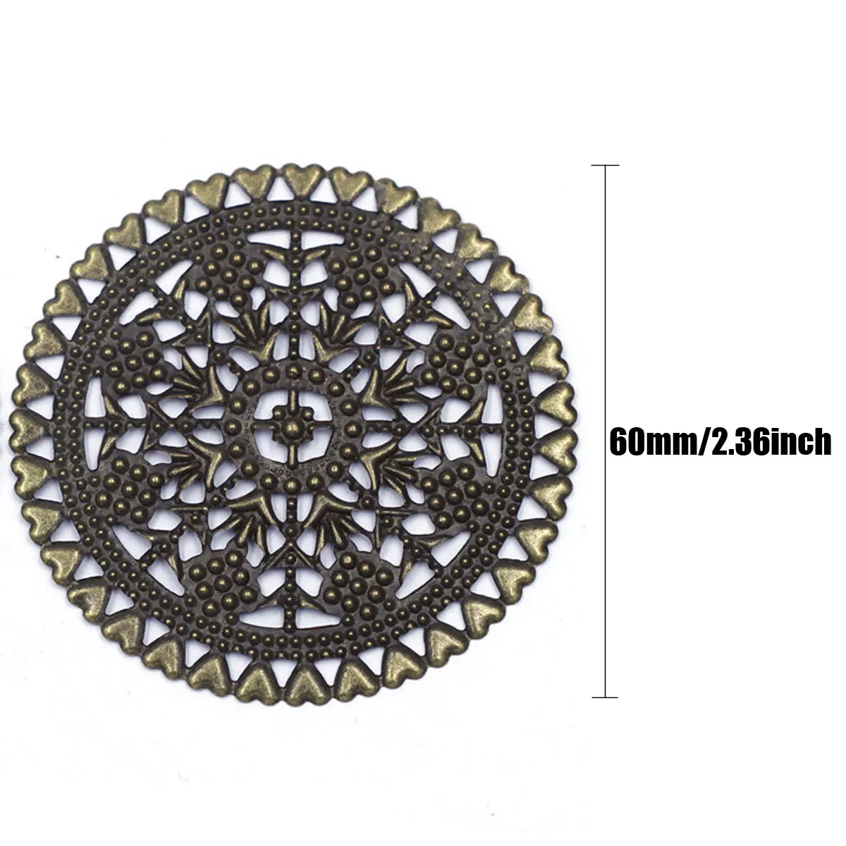 5 Stück Verzierungen rundes Herz filigrane Wraps Legierung Vintage Bronze Ton Schmuck DIY finden 60mm – Detail 4