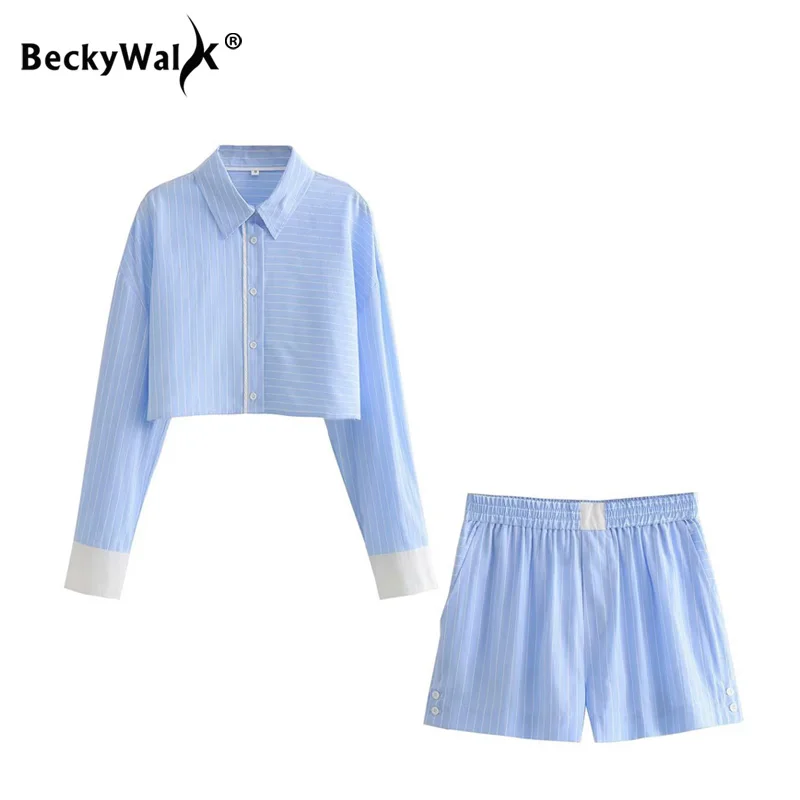 Women Striped Lapel Shirt Shorts Sets Back Patchwork Shirts Elastic Waist Shorts Two Pieces Set Female 2024 Summer Outfits WF363