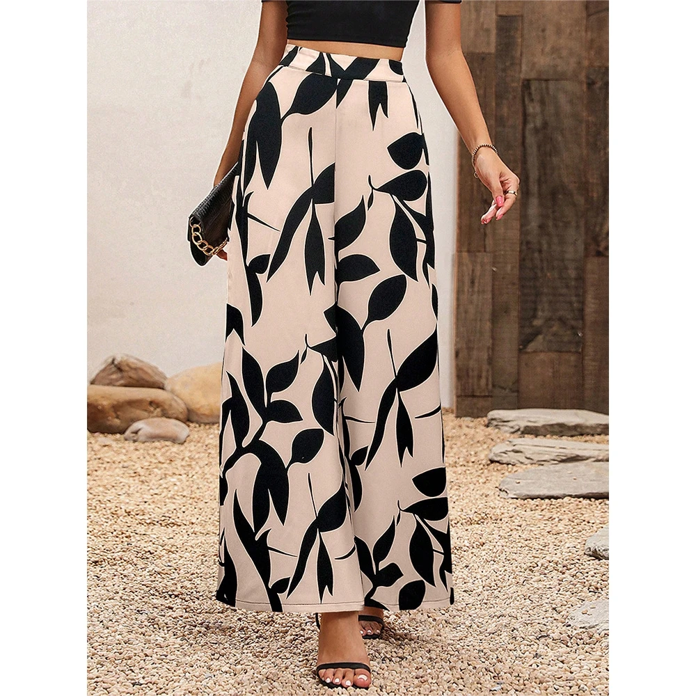 

High Waist Wide Leg Casual Pants Women's Printed Chiffon Leaf Design Autumn Thin Polyester Fiber Long Pants Commute Style